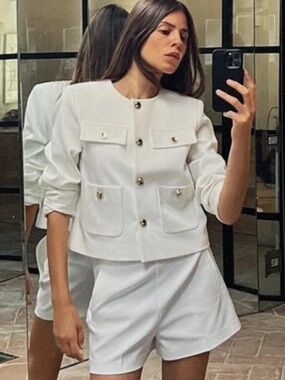 Zara Womens Blazer Jacket Size L White Cropped Gold Button  NWT